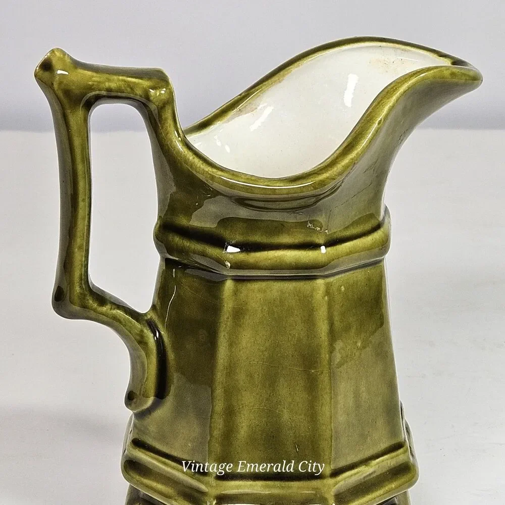 Vtg Studio Pottery Creamer Olive Green Paneled Octagon Mini Stone Pitcher Signed